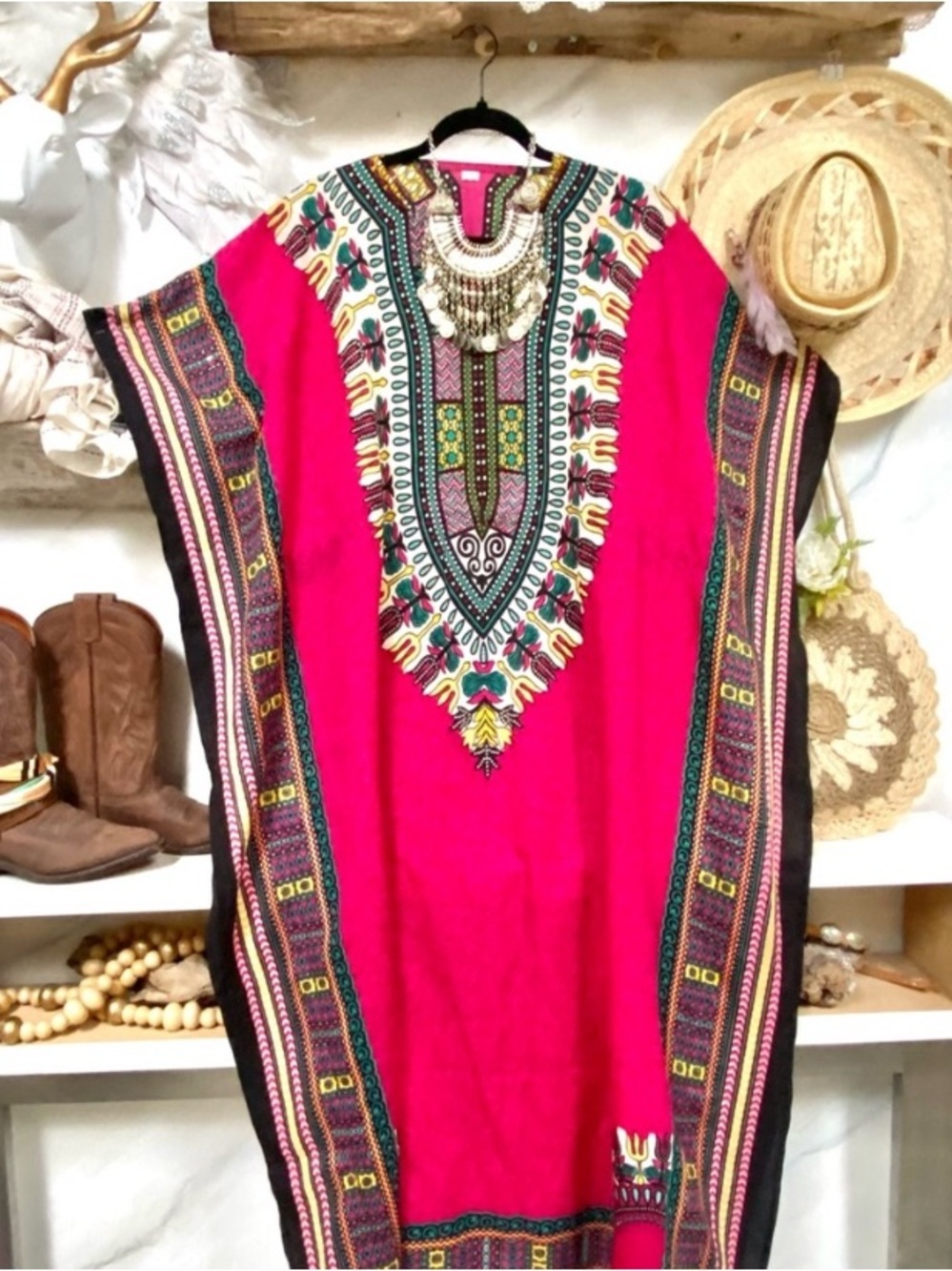 Striking KAFTAN boho MAXI dress/beach cover up w Gypsy southwestern beach vibe